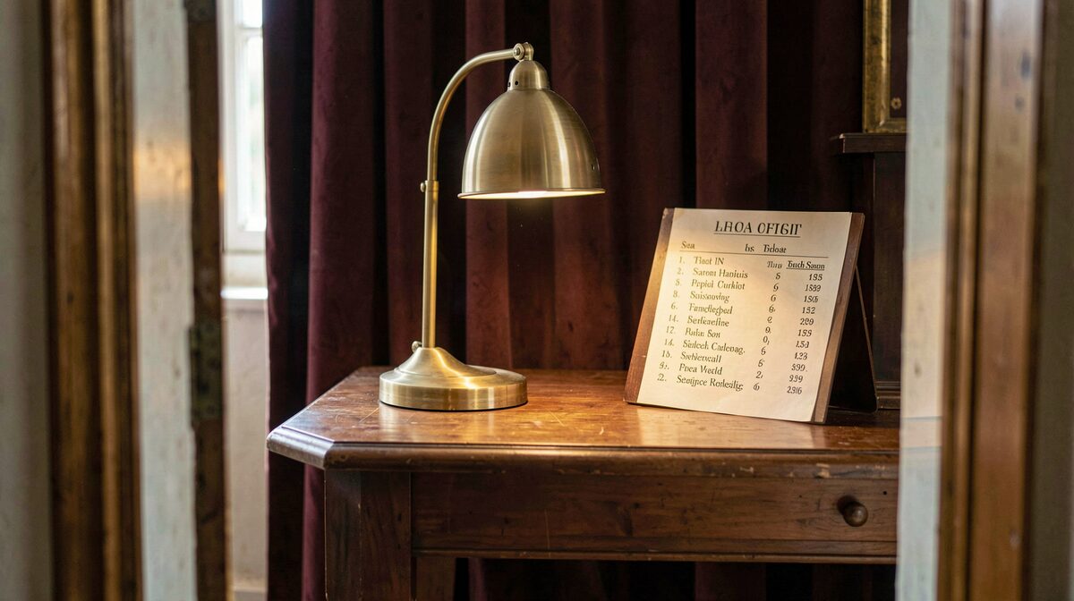 The box office table of a small chapel theatre before curtain, a brass lamp and a printed seating list, warm lamplight, seen from the doorway, shallow depth of field.