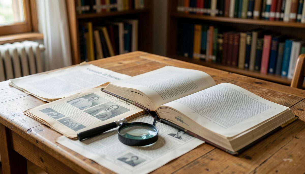 An open family history book beside old census printouts and a magnifying glass on a wooden library table.