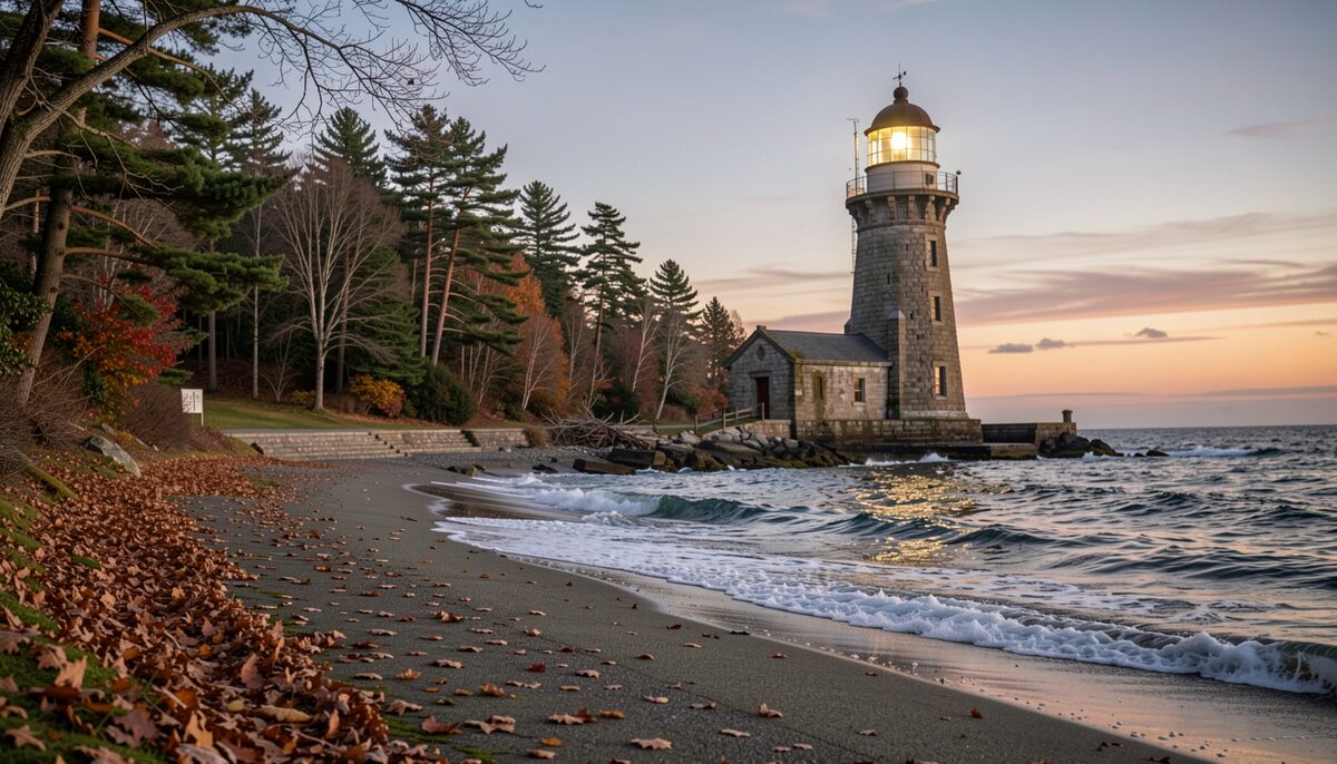 An old stone lighthouse on a wooded island shore at twilight with waves lapping nearby and fallen leaves on the path.