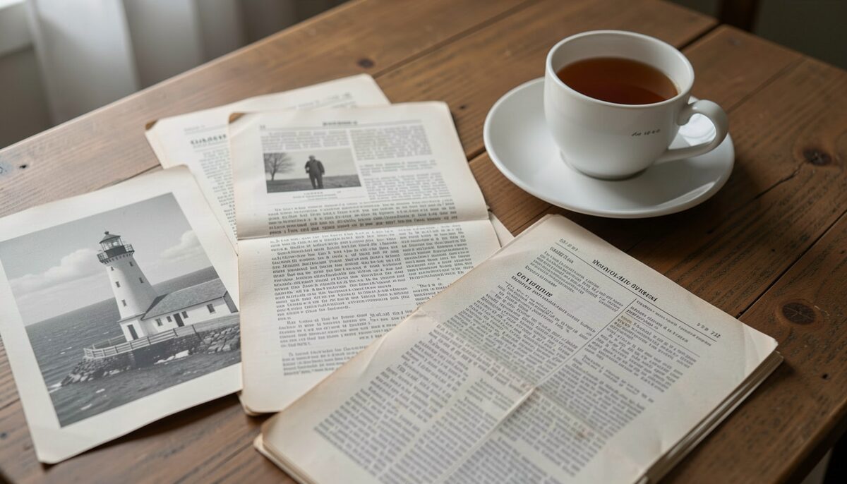 Old printed newsletters spread on a table beside black and white lighthouse photographs and a cup of tea.