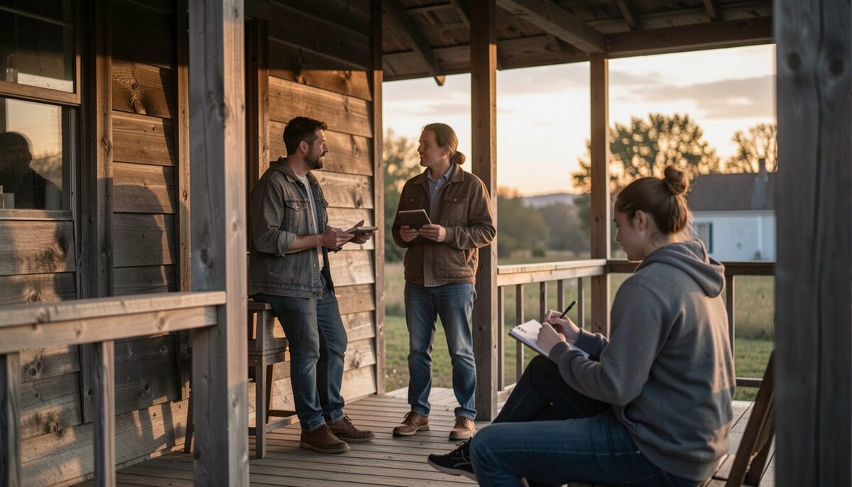 Two people talking on a porch of an old wooden house at dusk while a third takes notes in a small notebook.