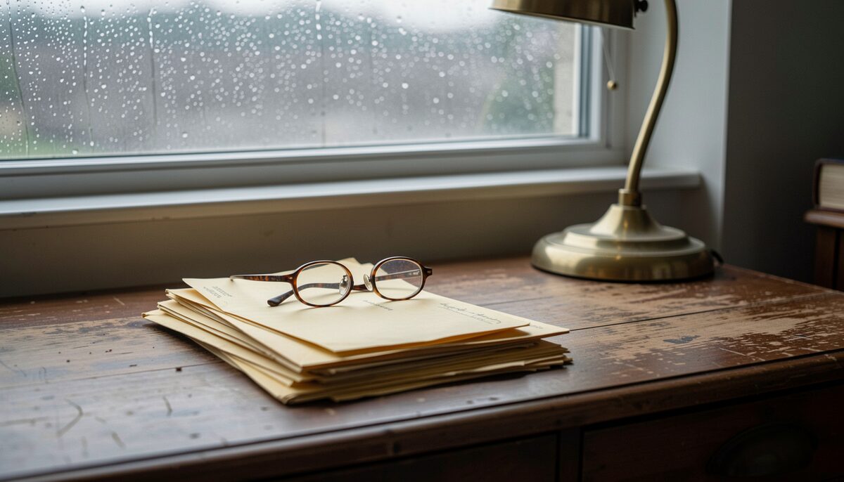 Reading spectacles resting on a stack of yellowed envelopes beside a brass desk lamp, near a rain-streaked window on a dim afternoon.