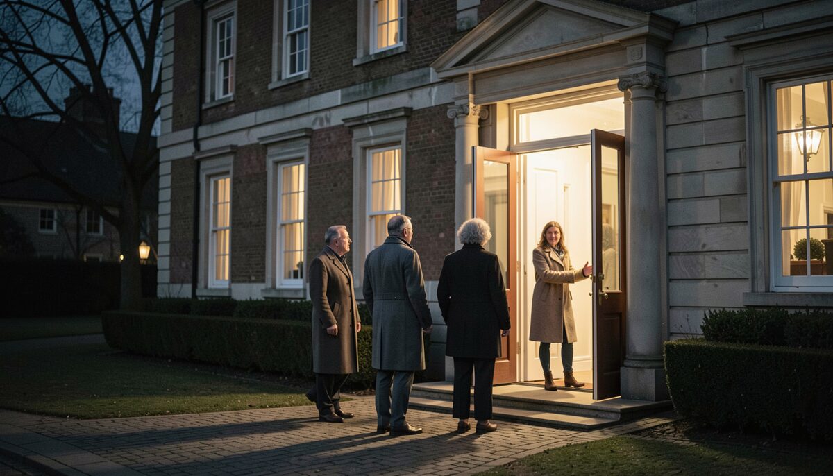 Guests in coats entering a lit historic mansion at night while a guide greets them at the open front door.