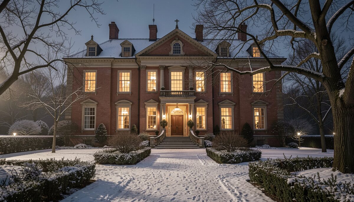 A grand brick historic mansion at night with glowing windows, bare winter trees and a snow-dusted garden path.