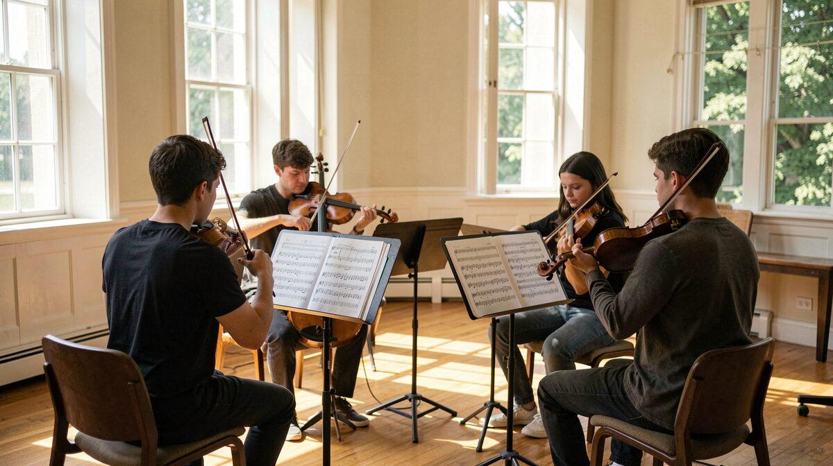 A young string quartet rehearsing in a sunlit college practice room in Ohio, four music stands and open part scores, late summer light through tall windows, photographed from the back of the room.
